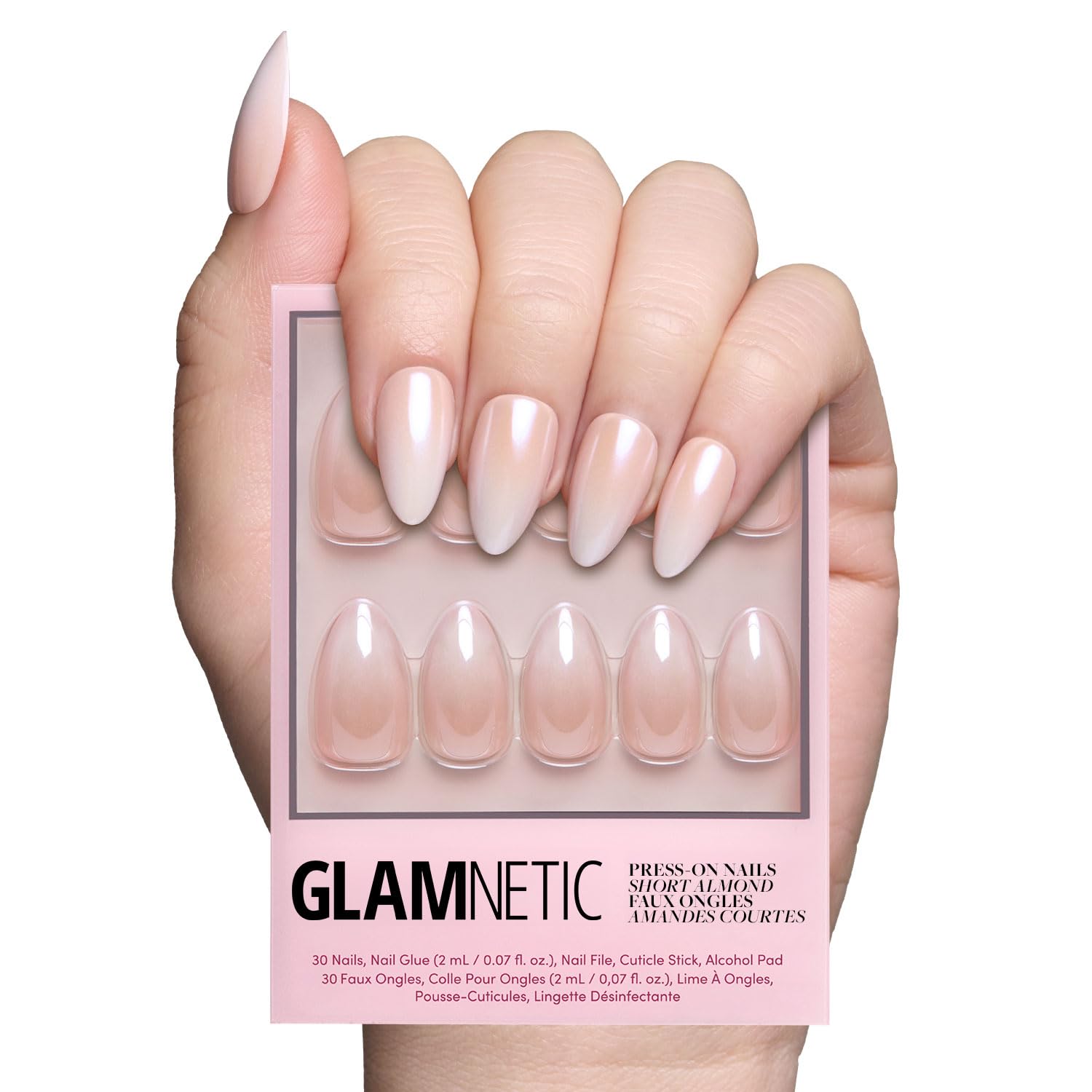 Glamnetic Press On Nails - MaDamn | French Tip UV Finish Short Pointed Almond Fake Nails, Salon Quality Semi-Transparent Nails in 12 Sizes - 24 Nail Kit with Glue