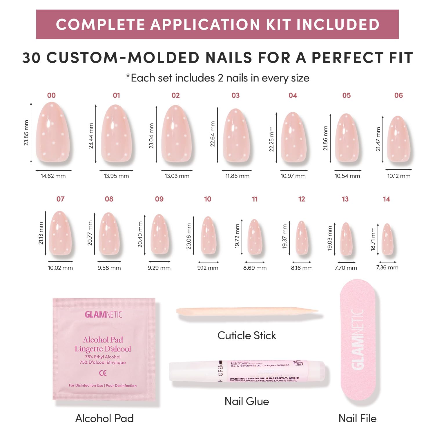 Glamnetic Press On Nails - MaDamn | French Tip UV Finish Short Pointed Almond Fake Nails, Salon Quality Semi-Transparent Nails in 12 Sizes - 24 Nail Kit with Glue