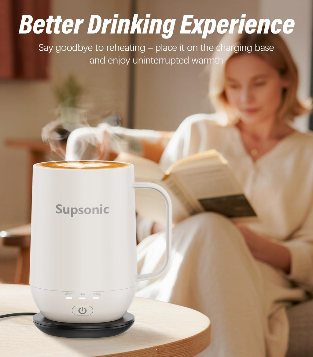 Supsonic - 16oz Self Heating Coffee Mug, Smart Heated Coffee Mug Faster Direct-Contact Heating Up to 149°F, Coffee Mug Warmer Set with Auto Shut-Off - Gifts for Men Women | S2