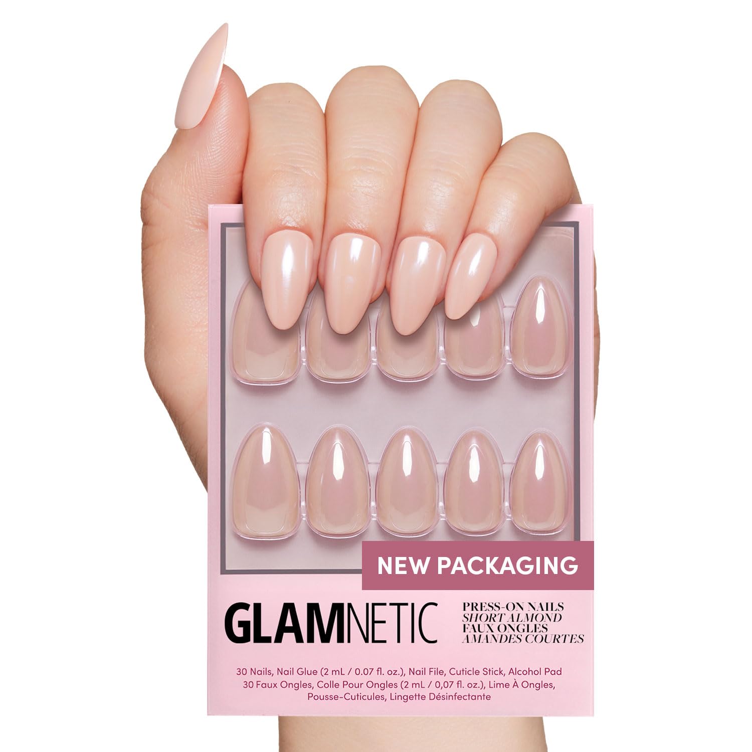 Glamnetic Press On Nails - MaDamn | French Tip UV Finish Short Pointed Almond Fake Nails, Salon Quality Semi-Transparent Nails in 12 Sizes - 24 Nail Kit with Glue