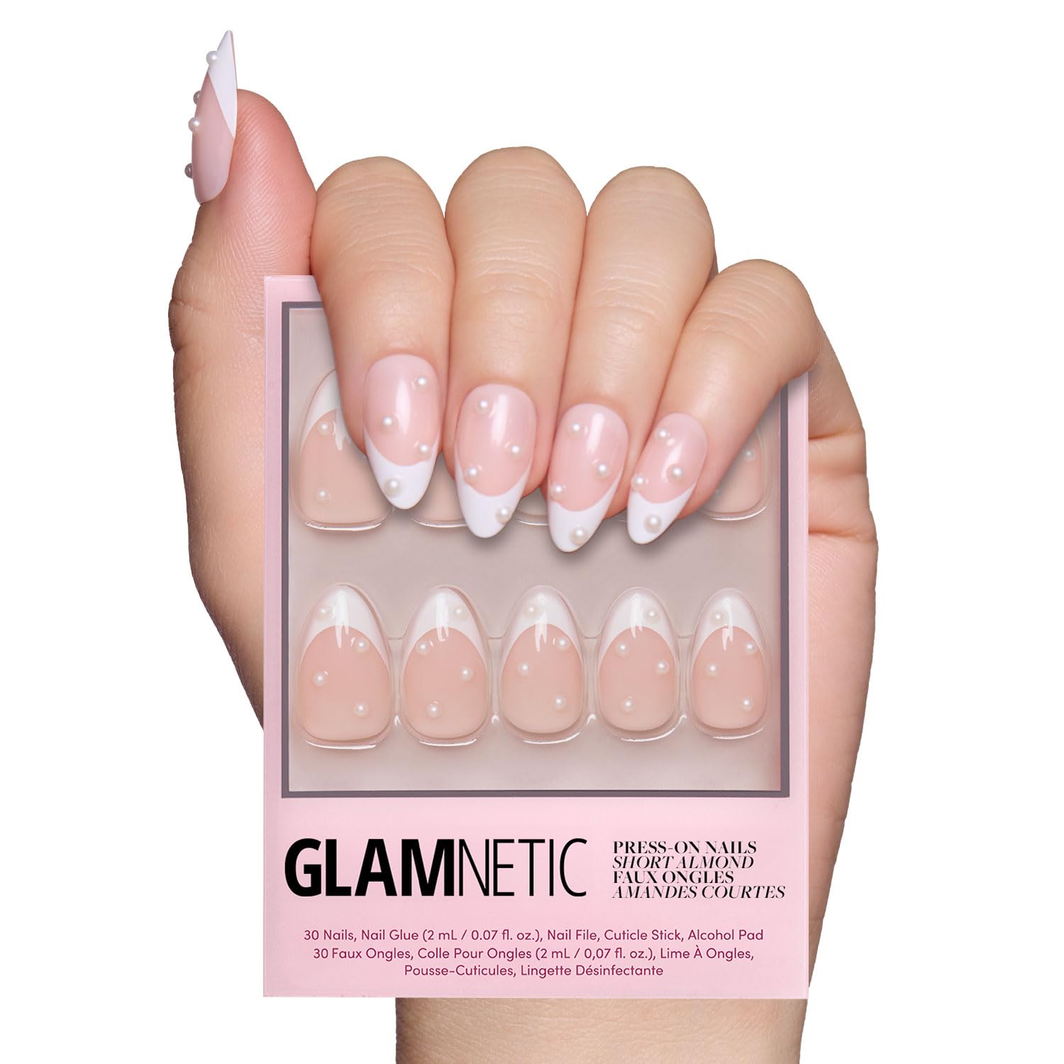 Glamnetic Press On Nails - MaDamn | French Tip UV Finish Short Pointed Almond Fake Nails, Salon Quality Semi-Transparent Nails in 12 Sizes - 24 Nail Kit with Glue