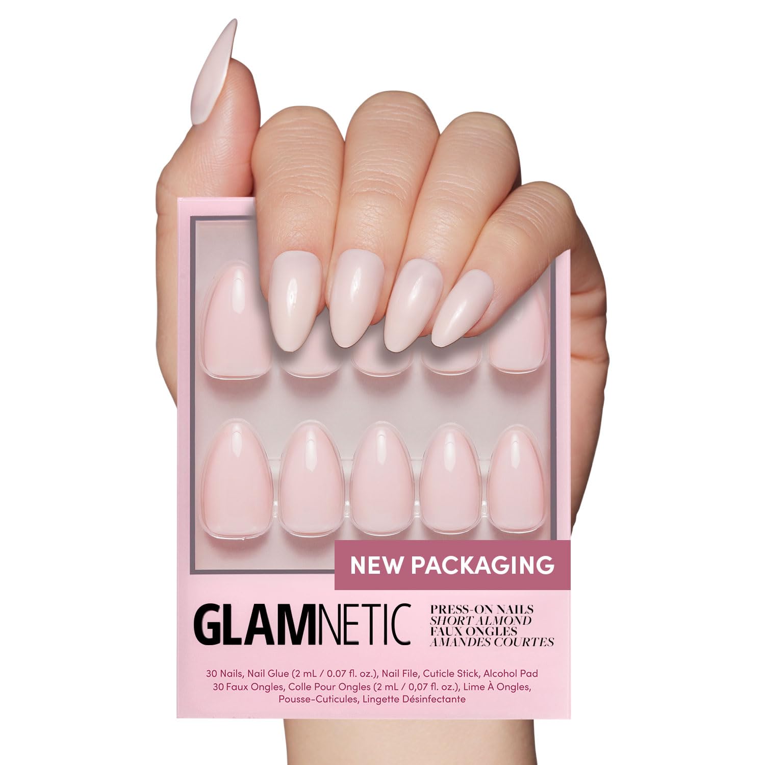 Glamnetic Press On Nails - MaDamn | French Tip UV Finish Short Pointed Almond Fake Nails, Salon Quality Semi-Transparent Nails in 12 Sizes - 24 Nail Kit with Glue