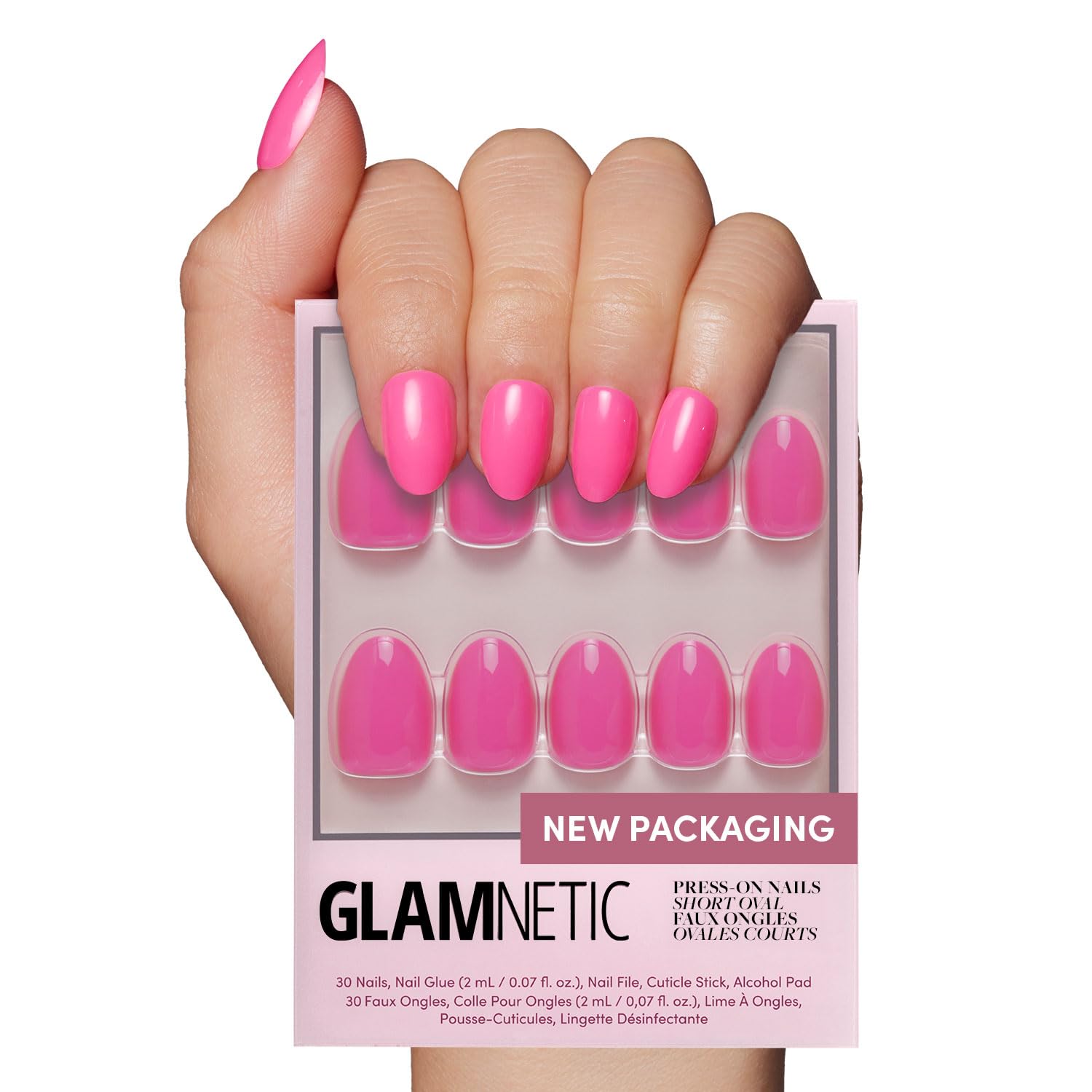 Glamnetic Press On Nails - MaDamn | French Tip UV Finish Short Pointed Almond Fake Nails, Salon Quality Semi-Transparent Nails in 12 Sizes - 24 Nail Kit with Glue