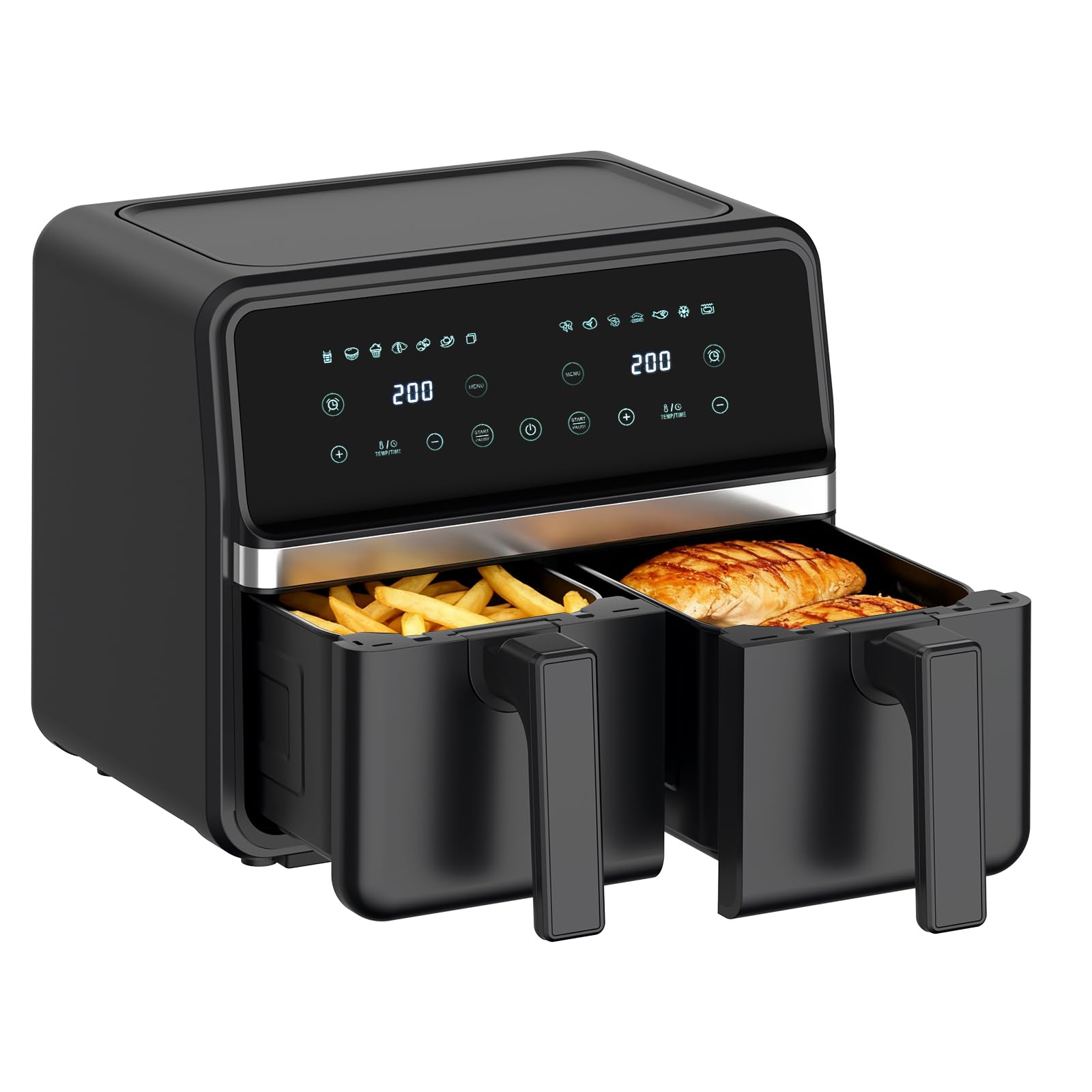 4QT+4QT Dual Basket Air Fryer - Digital Touchscreen, Smart Sync Finish,Auto Shutoff, 2 Independent Nonstick Dishwasher-Safe Frying Baskets - 8 Quart Digital Double Air Fryer