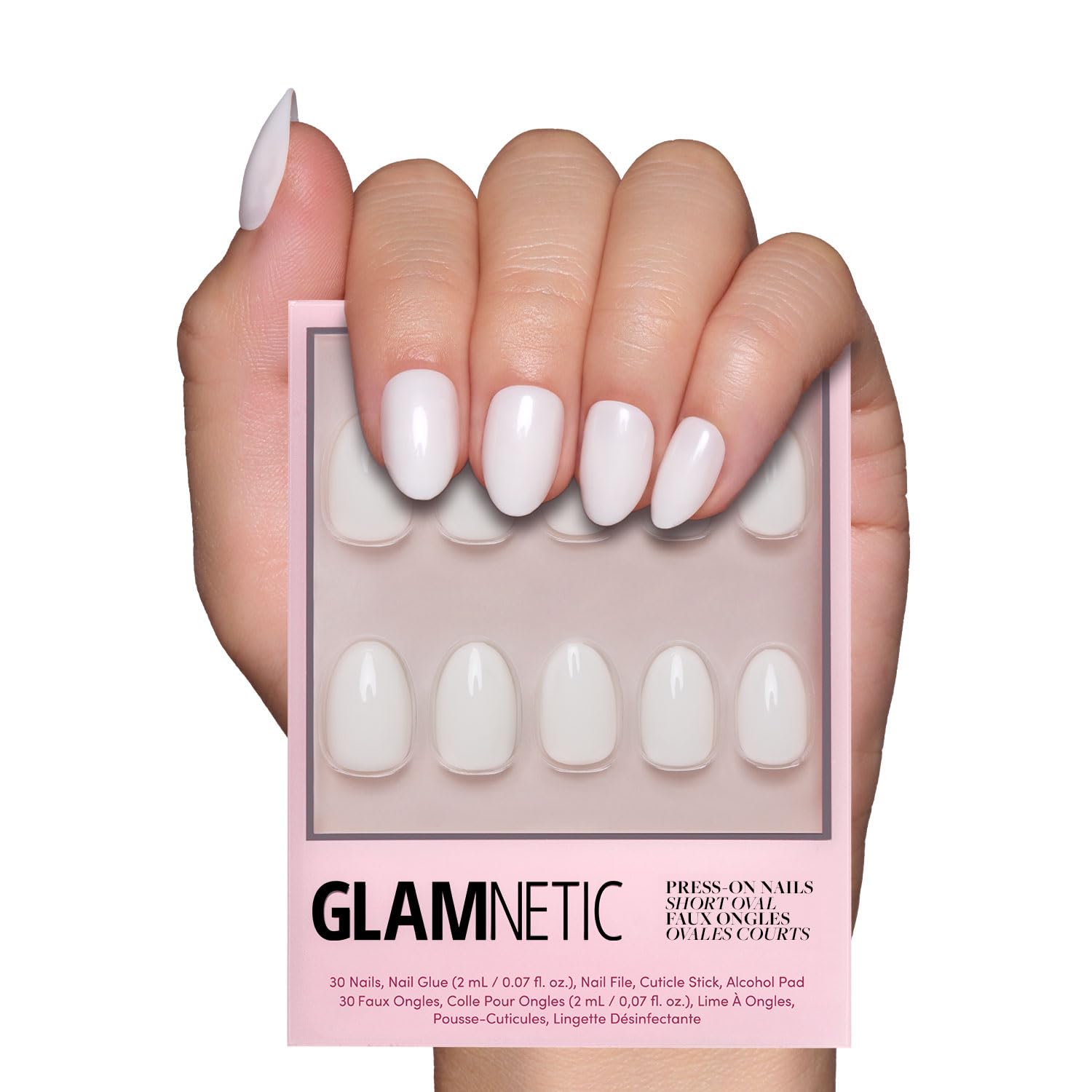 Glamnetic Press On Nails - MaDamn | French Tip UV Finish Short Pointed Almond Fake Nails, Salon Quality Semi-Transparent Nails in 12 Sizes - 24 Nail Kit with Glue