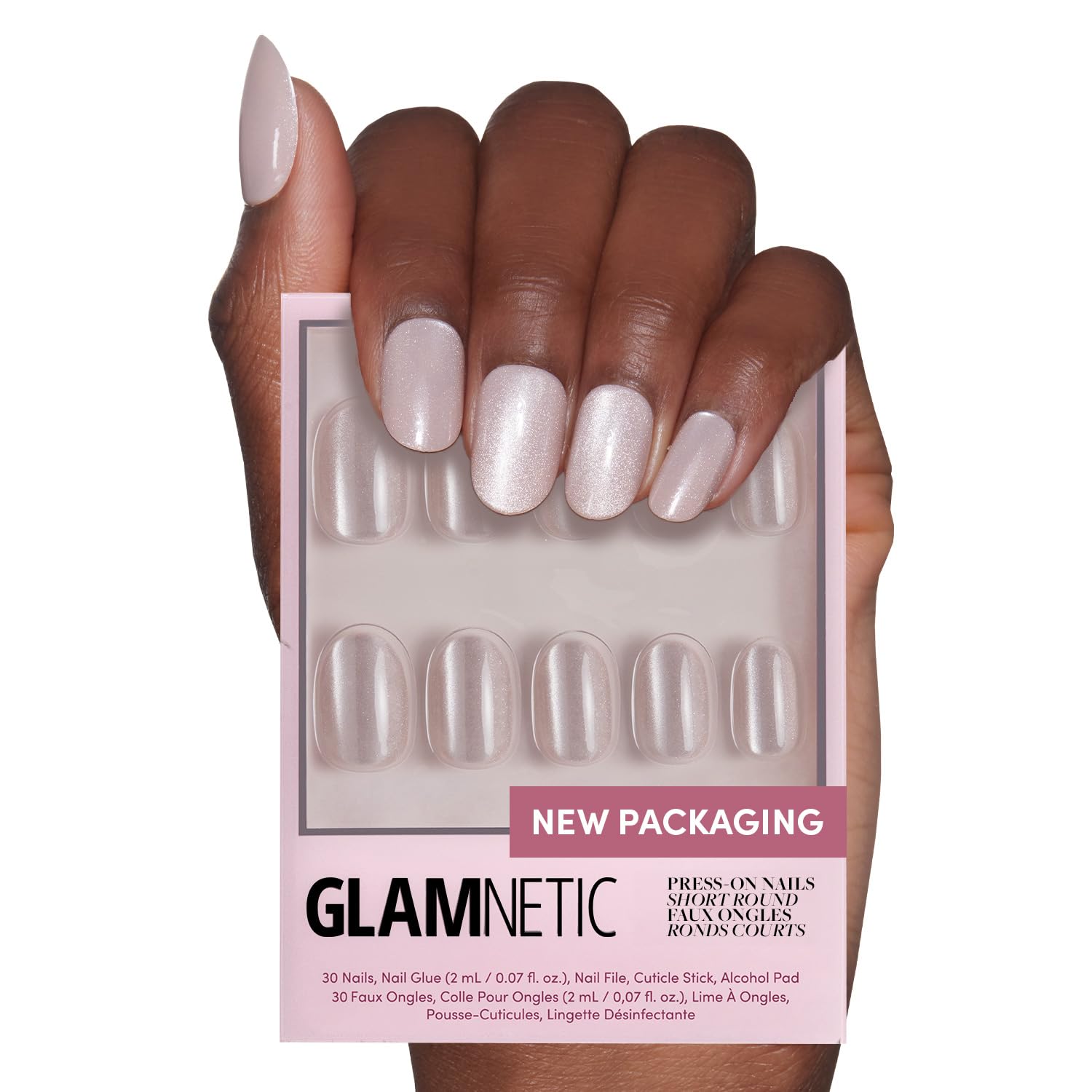 Glamnetic Press On Nails - MaDamn | French Tip UV Finish Short Pointed Almond Fake Nails, Salon Quality Semi-Transparent Nails in 12 Sizes - 24 Nail Kit with Glue