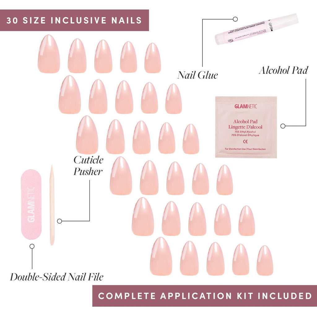 Glamnetic Press On Nails - MaDamn | French Tip UV Finish Short Pointed Almond Fake Nails, Salon Quality Semi-Transparent Nails in 12 Sizes - 24 Nail Kit with Glue