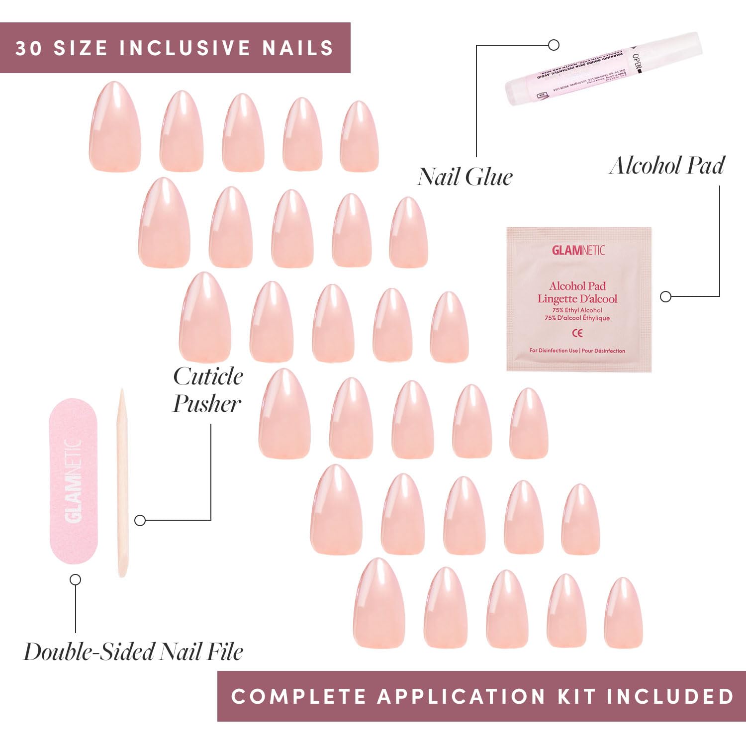 Glamnetic Press On Nails - MaDamn | French Tip UV Finish Short Pointed Almond Fake Nails, Salon Quality Semi-Transparent Nails in 12 Sizes - 24 Nail Kit with Glue