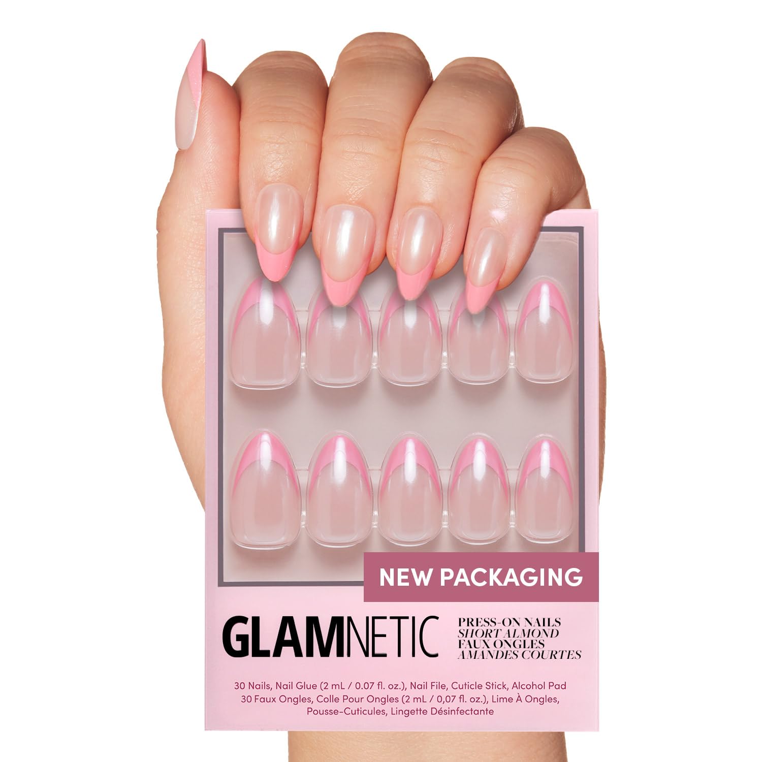 Glamnetic Press On Nails - MaDamn | French Tip UV Finish Short Pointed Almond Fake Nails, Salon Quality Semi-Transparent Nails in 12 Sizes - 24 Nail Kit with Glue