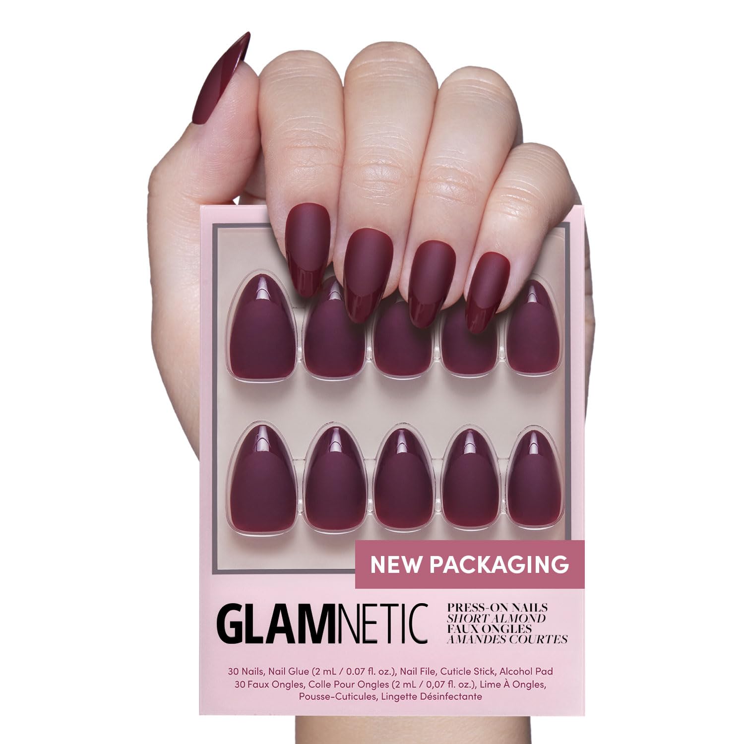 Glamnetic Press On Nails - MaDamn | French Tip UV Finish Short Pointed Almond Fake Nails, Salon Quality Semi-Transparent Nails in 12 Sizes - 24 Nail Kit with Glue