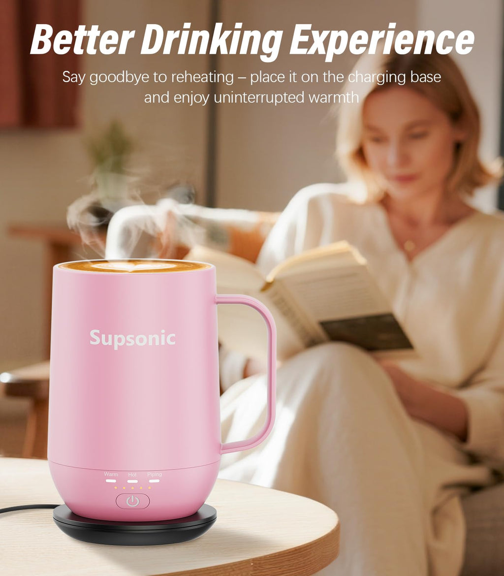 Supsonic - 16oz Self Heating Coffee Mug, Smart Heated Coffee Mug Faster Direct-Contact Heating Up to 149°F, Coffee Mug Warmer Set with Auto Shut-Off - Gifts for Men Women | S2