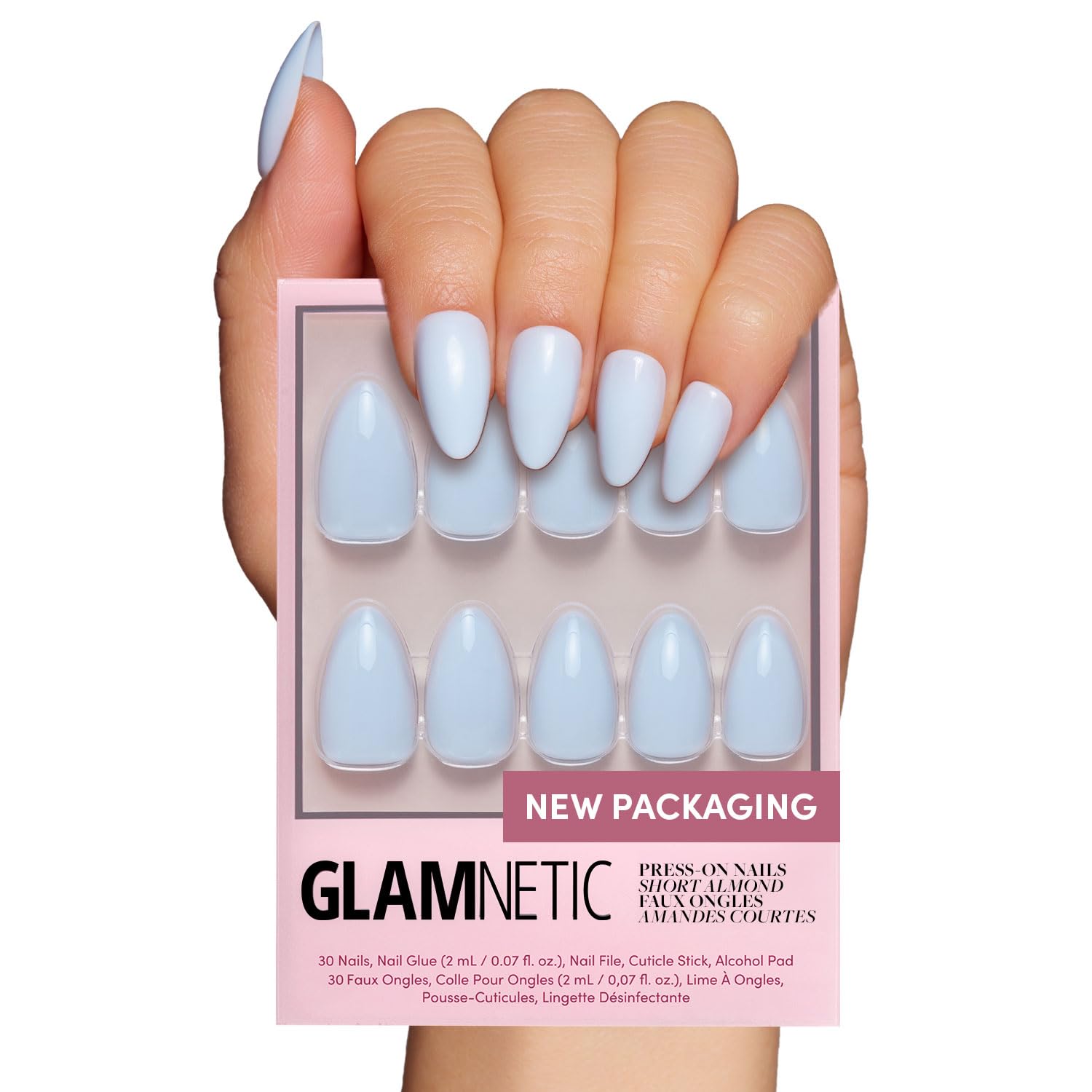 Glamnetic Press On Nails - MaDamn | French Tip UV Finish Short Pointed Almond Fake Nails, Salon Quality Semi-Transparent Nails in 12 Sizes - 24 Nail Kit with Glue