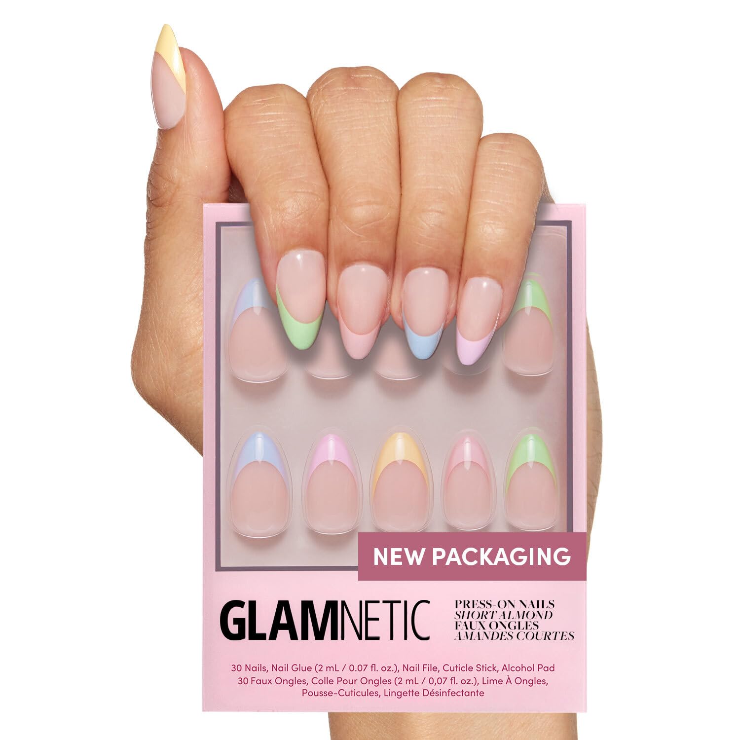 Glamnetic Press On Nails - MaDamn | French Tip UV Finish Short Pointed Almond Fake Nails, Salon Quality Semi-Transparent Nails in 12 Sizes - 24 Nail Kit with Glue