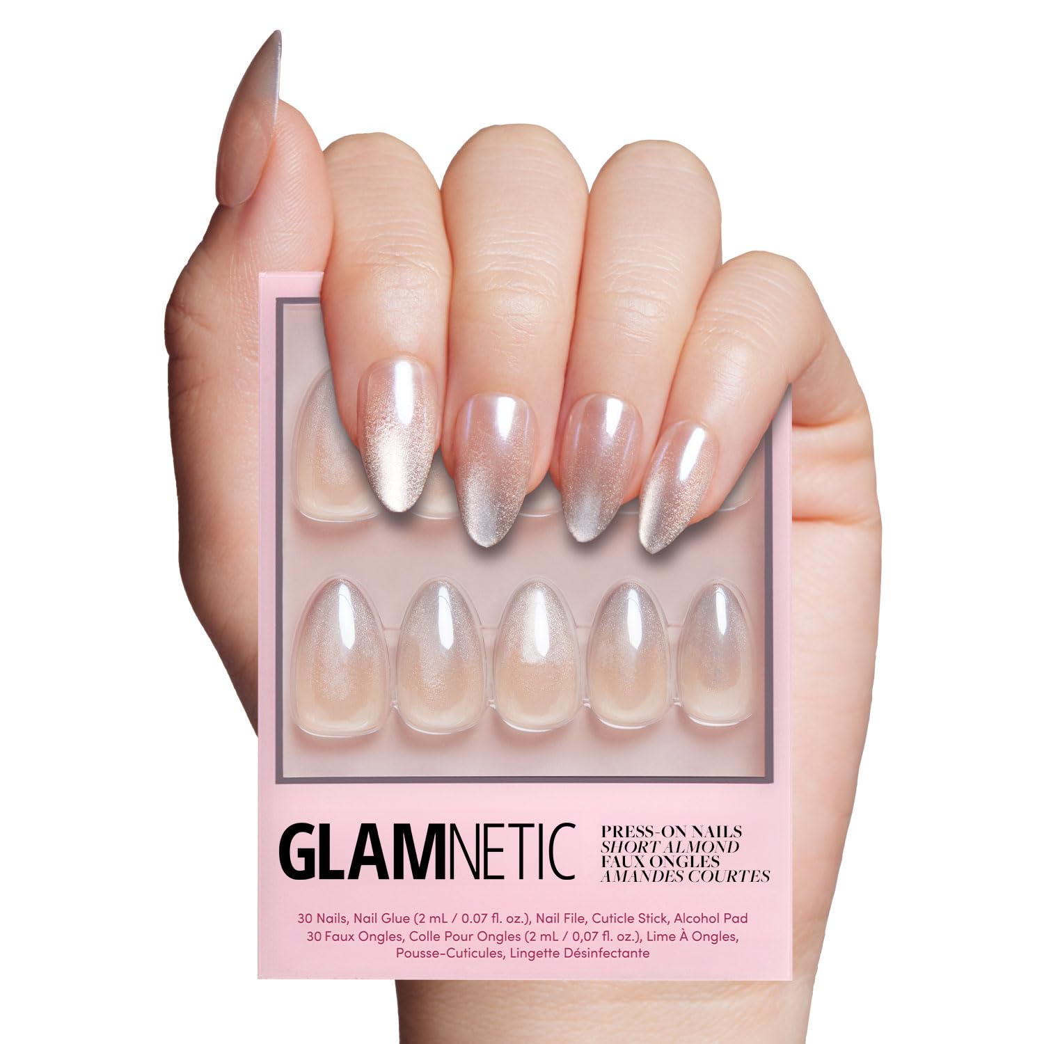 Glamnetic Press On Nails - MaDamn | French Tip UV Finish Short Pointed Almond Fake Nails, Salon Quality Semi-Transparent Nails in 12 Sizes - 24 Nail Kit with Glue