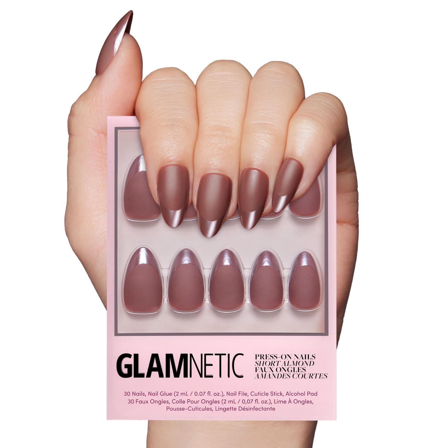 Glamnetic Press On Nails - MaDamn | French Tip UV Finish Short Pointed Almond Fake Nails, Salon Quality Semi-Transparent Nails in 12 Sizes - 24 Nail Kit with Glue