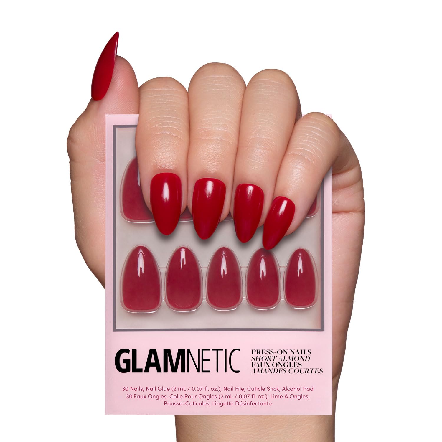 Glamnetic Press On Nails - MaDamn | French Tip UV Finish Short Pointed Almond Fake Nails, Salon Quality Semi-Transparent Nails in 12 Sizes - 24 Nail Kit with Glue