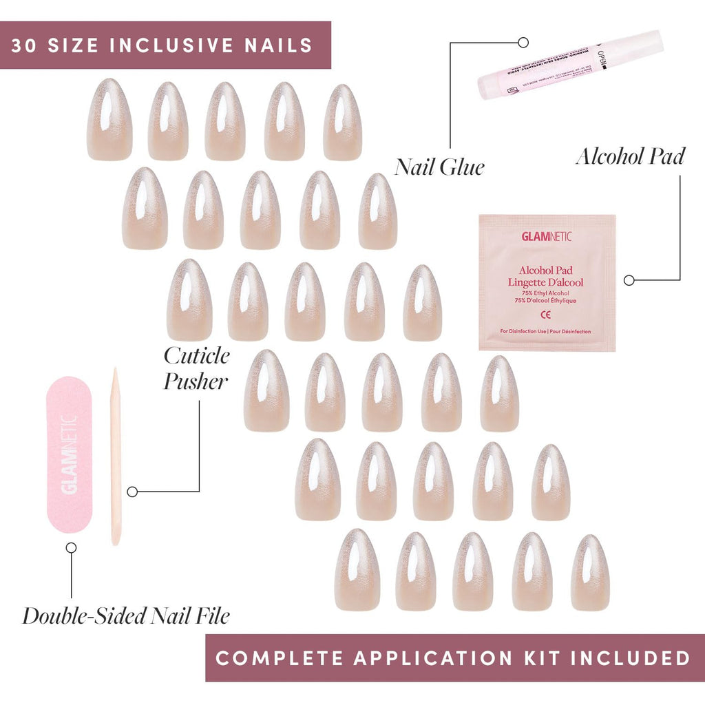 Glamnetic Press On Nails - MaDamn | French Tip UV Finish Short Pointed Almond Fake Nails, Salon Quality Semi-Transparent Nails in 12 Sizes - 24 Nail Kit with Glue