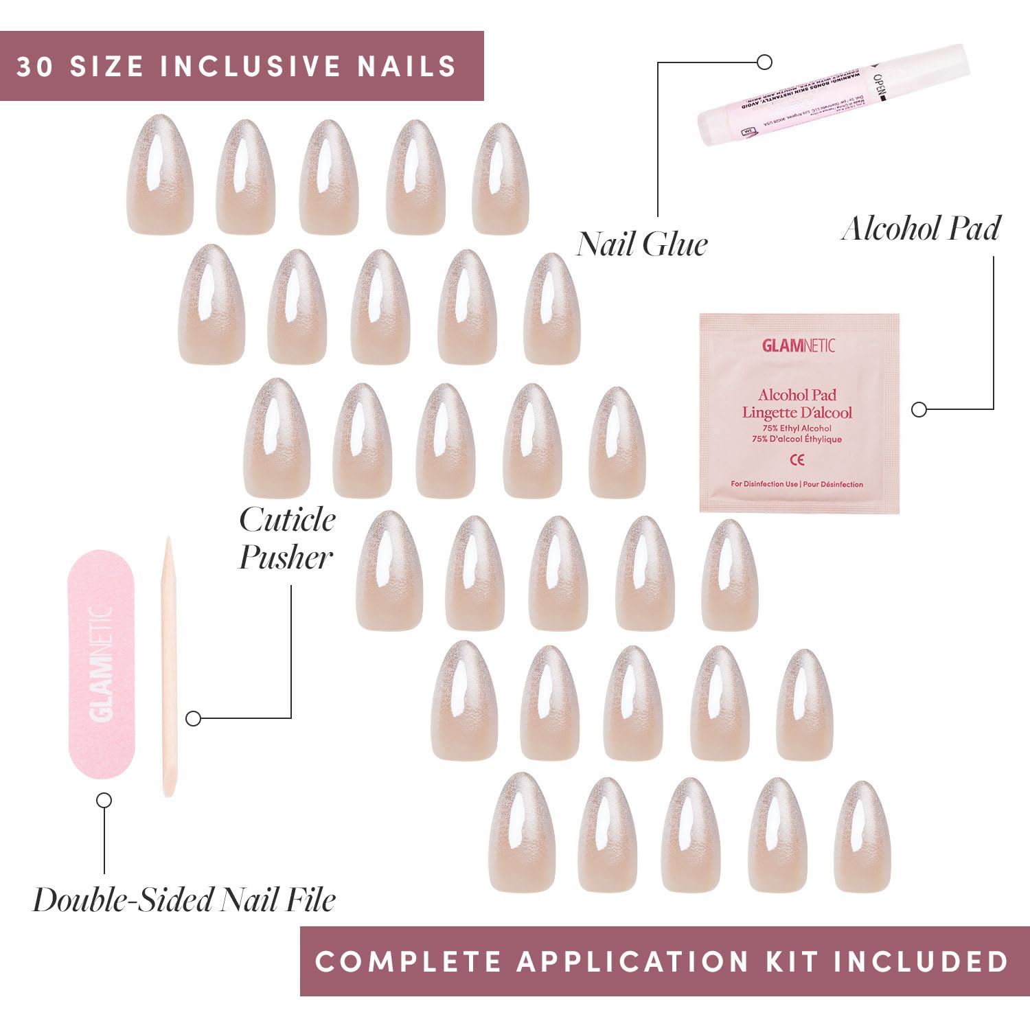 Glamnetic Press On Nails - MaDamn | French Tip UV Finish Short Pointed Almond Fake Nails, Salon Quality Semi-Transparent Nails in 12 Sizes - 24 Nail Kit with Glue