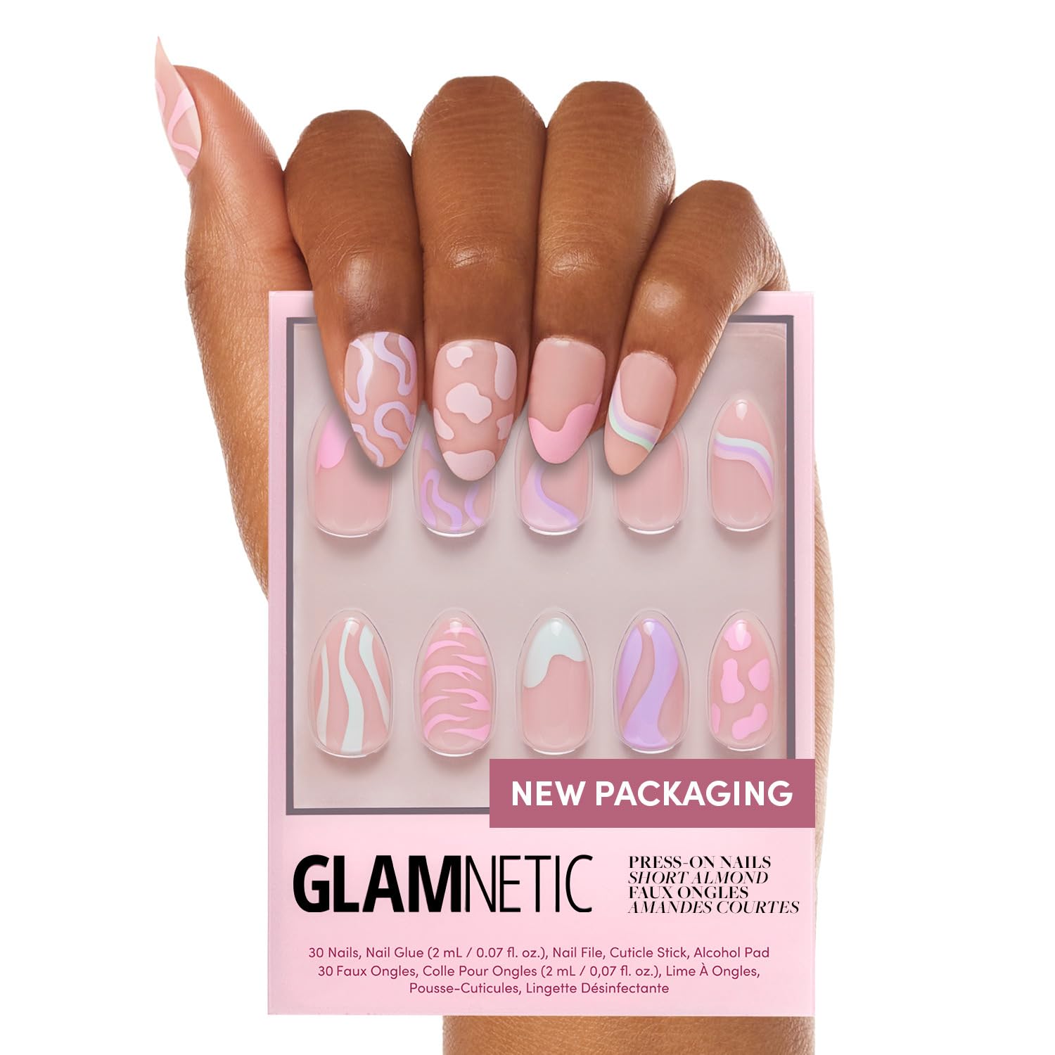 Glamnetic Press On Nails - MaDamn | French Tip UV Finish Short Pointed Almond Fake Nails, Salon Quality Semi-Transparent Nails in 12 Sizes - 24 Nail Kit with Glue