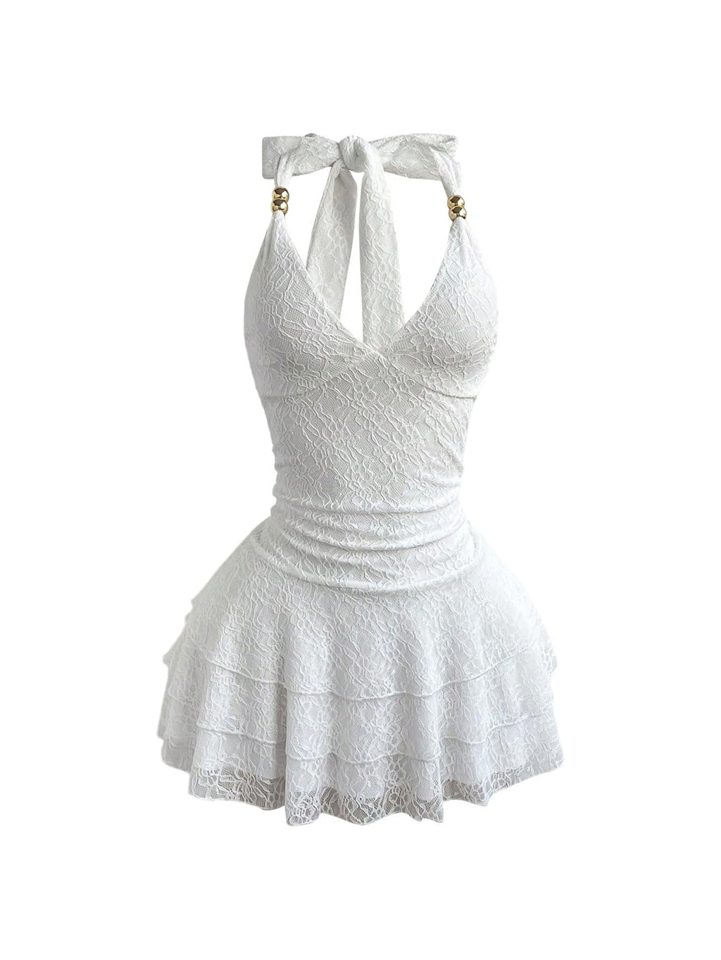 Milumia Women's Lace Halter Mini Dress Beaded Tie Back Layered Ruffle Hem Sexy Going Out Dresses