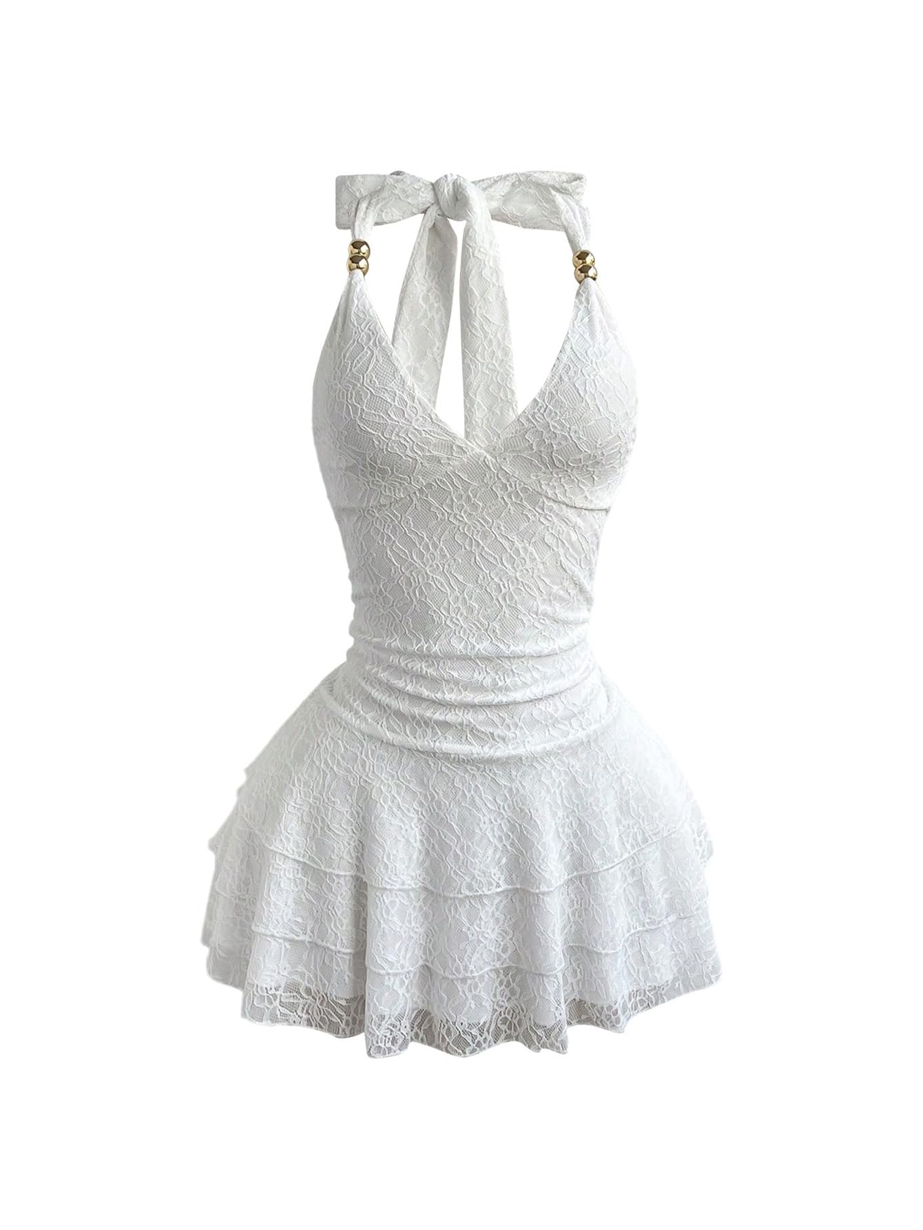 Milumia Women's Lace Halter Mini Dress Beaded Tie Back Layered Ruffle Hem Sexy Going Out Dresses