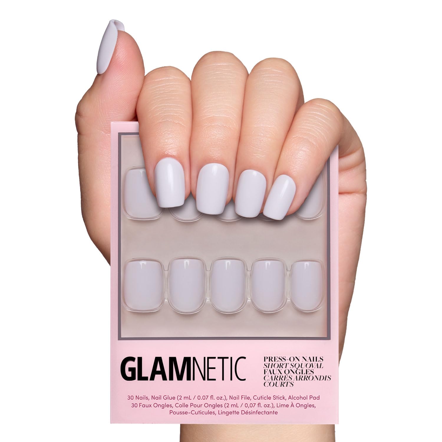 Glamnetic Press On Nails - MaDamn | French Tip UV Finish Short Pointed Almond Fake Nails, Salon Quality Semi-Transparent Nails in 12 Sizes - 24 Nail Kit with Glue