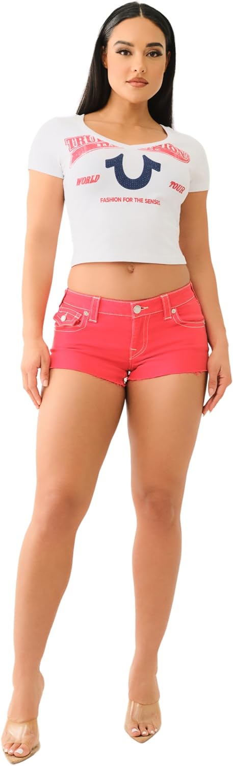 True Religion Women's JoeyDenim Shorts with Flap Pockets Low-Rise Short Flap Shorts -