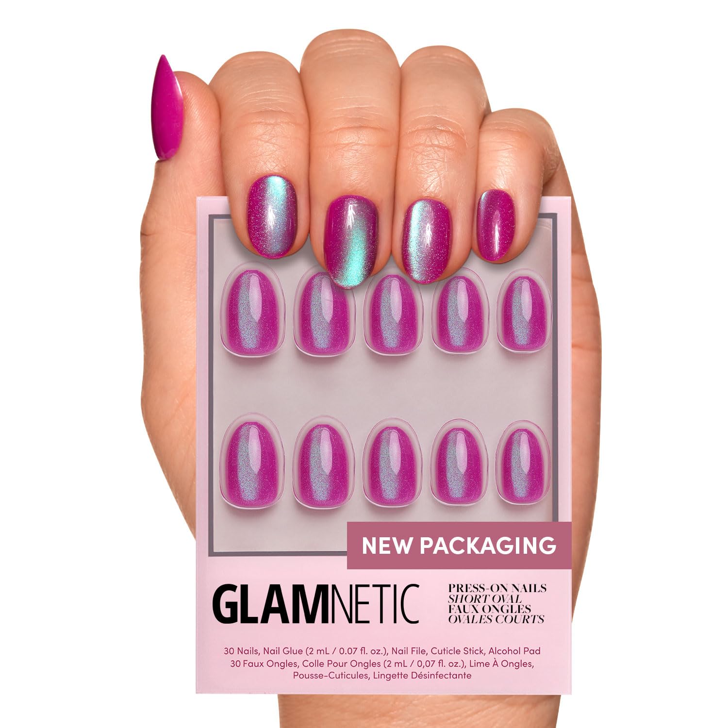 Glamnetic Press On Nails - MaDamn | French Tip UV Finish Short Pointed Almond Fake Nails, Salon Quality Semi-Transparent Nails in 12 Sizes - 24 Nail Kit with Glue