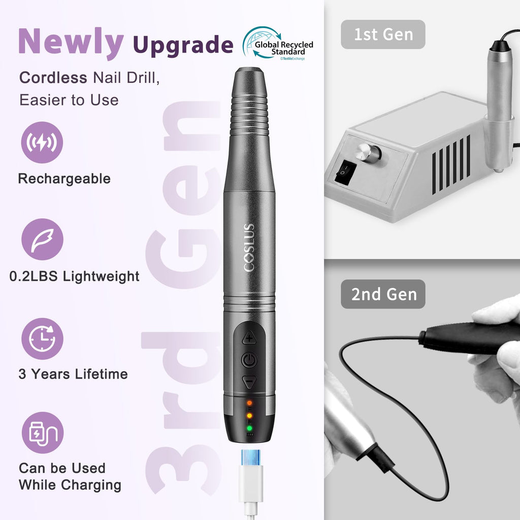 COSLUS C20 Cordless Nail Drill Electric File: Professional for Acrylic Gel Dip Powder Nails, Portable All-in-One Nail Drill Machine Kit for Manicure & Pedicure, Rechargeable Lightweight, Purple