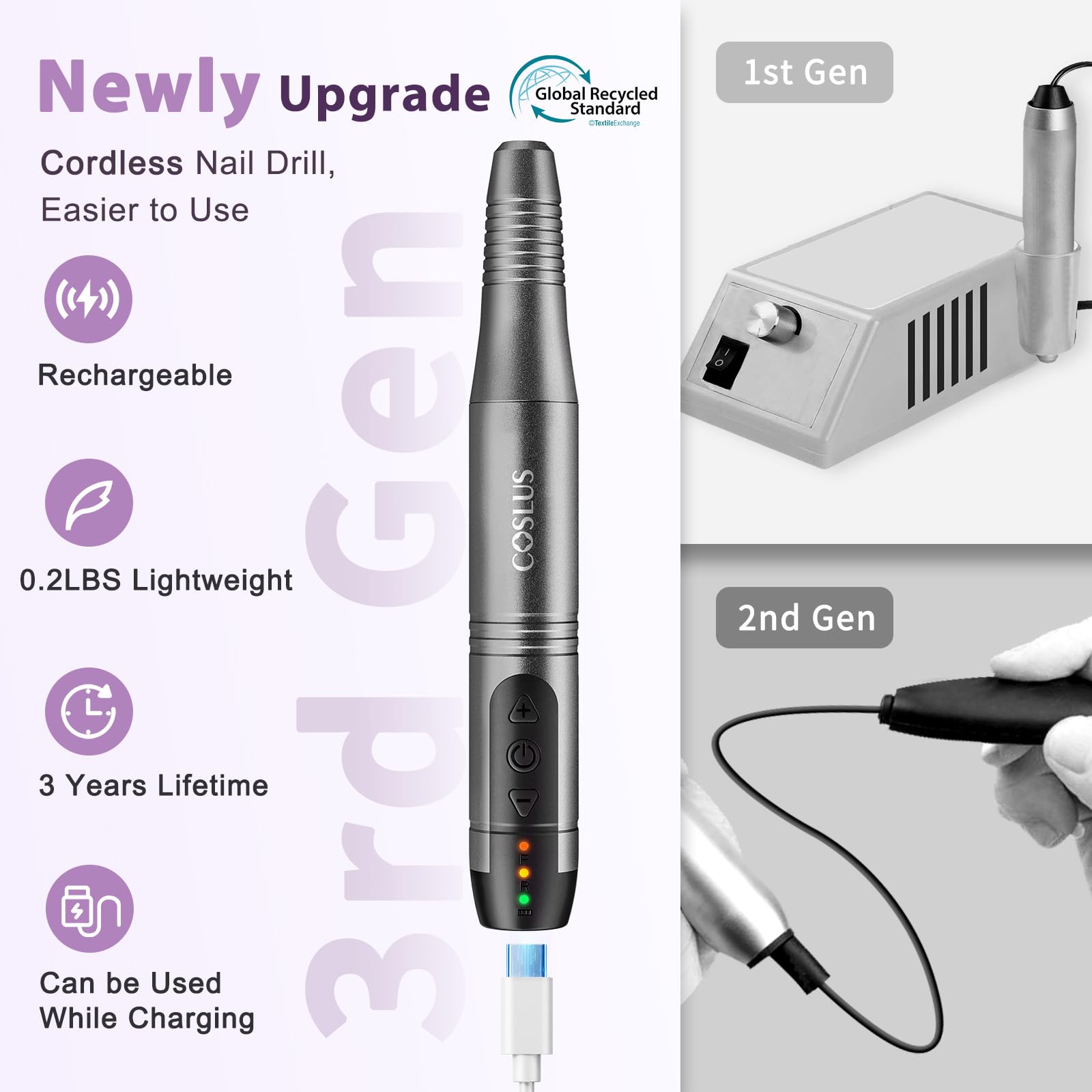 COSLUS C20 Cordless Nail Drill Electric File: Professional for Acrylic Gel Dip Powder Nails, Portable All-in-One Nail Drill Machine Kit for Manicure & Pedicure, Rechargeable Lightweight, Purple