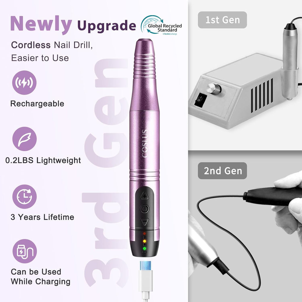 COSLUS C20 Cordless Nail Drill Electric File: Professional for Acrylic Gel Dip Powder Nails, Portable All-in-One Nail Drill Machine Kit for Manicure & Pedicure, Rechargeable Lightweight, Purple