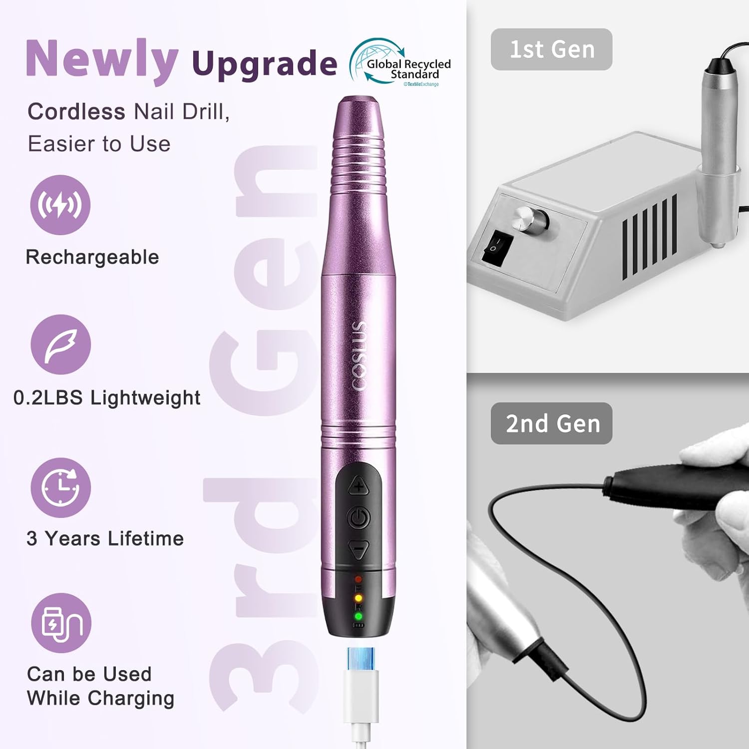 COSLUS C20 Cordless Nail Drill Electric File: Professional for Acrylic Gel Dip Powder Nails, Portable All-in-One Nail Drill Machine Kit for Manicure & Pedicure, Rechargeable Lightweight, Purple