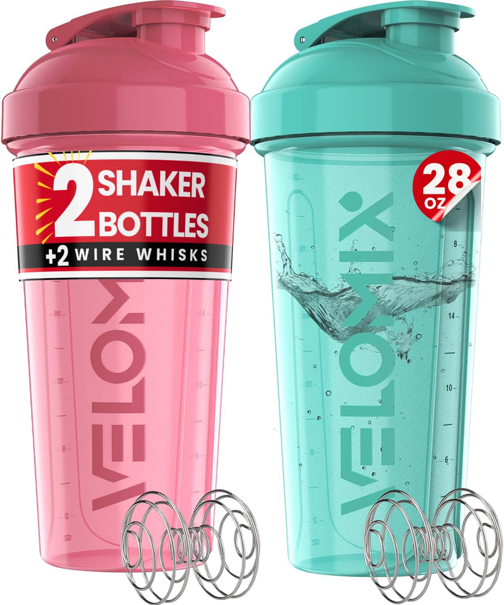 VELOMIX -2 Pack- 28 oz Protein Shaker Bottles for Protein Mixes - 2x Wire Whisk | Leak Proof Shaker Cups for Protein Shakes | Protein Shaker Bottle Pack (Black/Transparent)