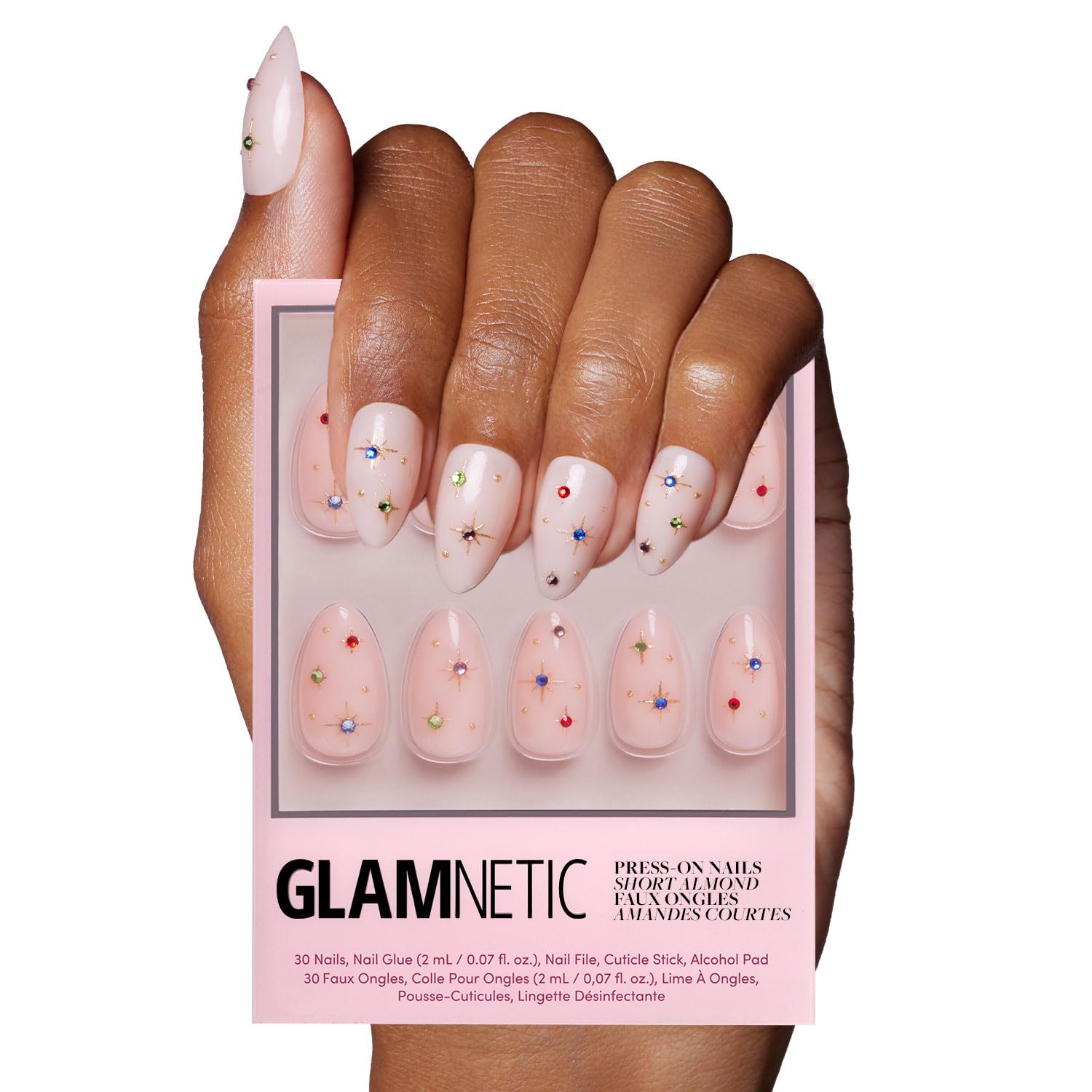 Glamnetic Press On Nails - MaDamn | French Tip UV Finish Short Pointed Almond Fake Nails, Salon Quality Semi-Transparent Nails in 12 Sizes - 24 Nail Kit with Glue