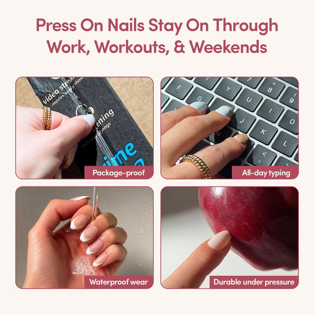 Glamnetic Press On Nails - MaDamn | French Tip UV Finish Short Pointed Almond Fake Nails, Salon Quality Semi-Transparent Nails in 12 Sizes - 24 Nail Kit with Glue