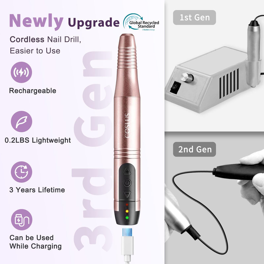 COSLUS C20 Cordless Nail Drill Electric File: Professional for Acrylic Gel Dip Powder Nails, Portable All-in-One Nail Drill Machine Kit for Manicure & Pedicure, Rechargeable Lightweight, Purple