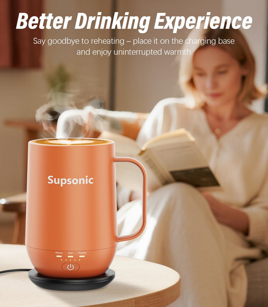Supsonic - 16oz Self Heating Coffee Mug, Smart Heated Coffee Mug Faster Direct-Contact Heating Up to 149°F, Coffee Mug Warmer Set with Auto Shut-Off - Gifts for Men Women | S2