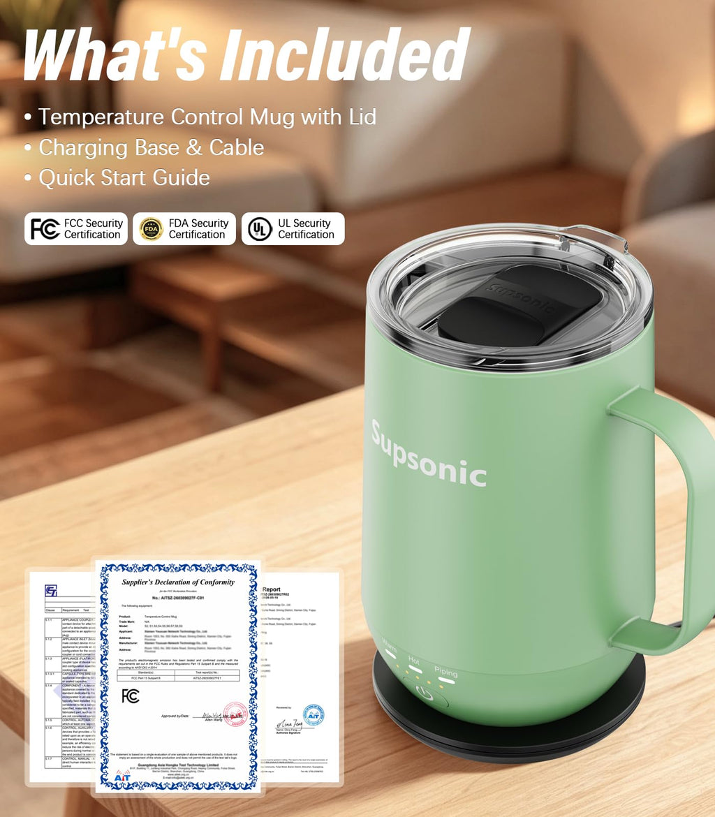 Supsonic - 16oz Self Heating Coffee Mug, Smart Heated Coffee Mug Faster Direct-Contact Heating Up to 149°F, Coffee Mug Warmer Set with Auto Shut-Off - Gifts for Men Women | S2