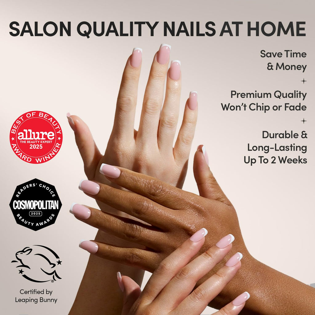Glamnetic Press On Nails - MaDamn | French Tip UV Finish Short Pointed Almond Fake Nails, Salon Quality Semi-Transparent Nails in 12 Sizes - 24 Nail Kit with Glue