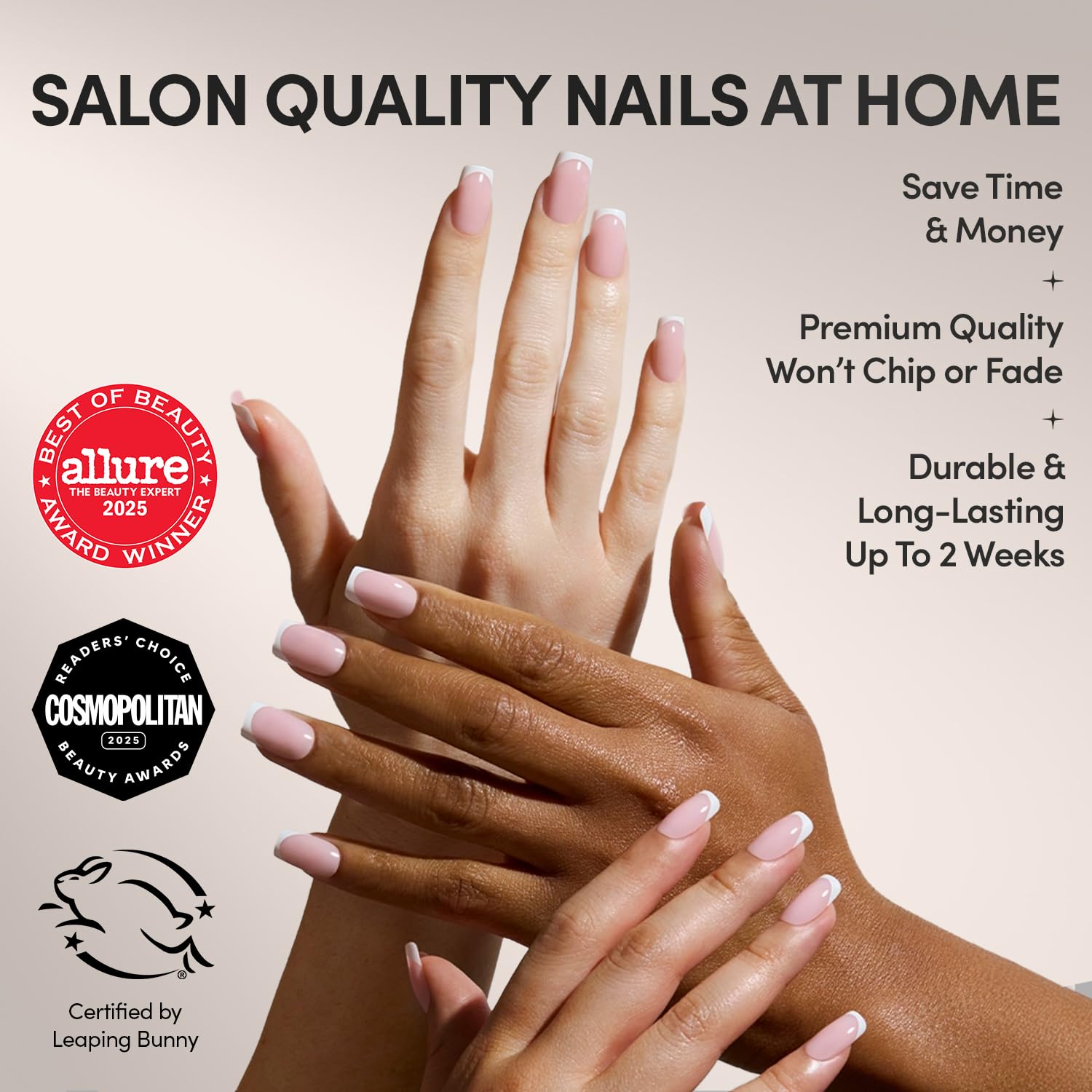 Glamnetic Press On Nails - MaDamn | French Tip UV Finish Short Pointed Almond Fake Nails, Salon Quality Semi-Transparent Nails in 12 Sizes - 24 Nail Kit with Glue