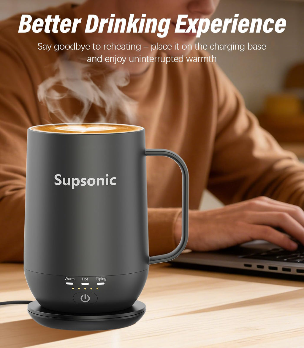 Supsonic - 16oz Self Heating Coffee Mug, Smart Heated Coffee Mug Faster Direct-Contact Heating Up to 149°F, Coffee Mug Warmer Set with Auto Shut-Off - Gifts for Men Women | S2