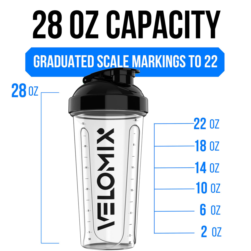 VELOMIX -2 Pack- 28 oz Protein Shaker Bottles for Protein Mixes - 2x Wire Whisk | Leak Proof Shaker Cups for Protein Shakes | Protein Shaker Bottle Pack (Black/Transparent)
