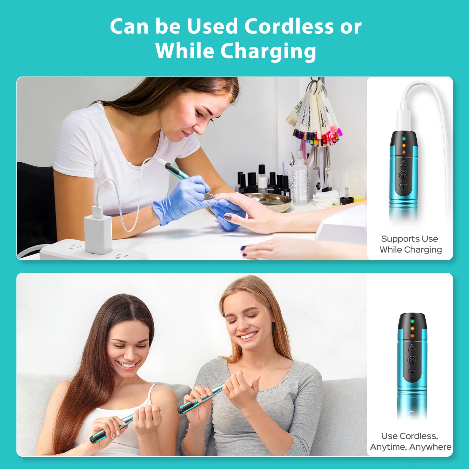 COSLUS C20 Cordless Nail Drill Electric File: Professional for Acrylic Gel Dip Powder Nails, Portable All-in-One Nail Drill Machine Kit for Manicure & Pedicure, Rechargeable Lightweight, Purple