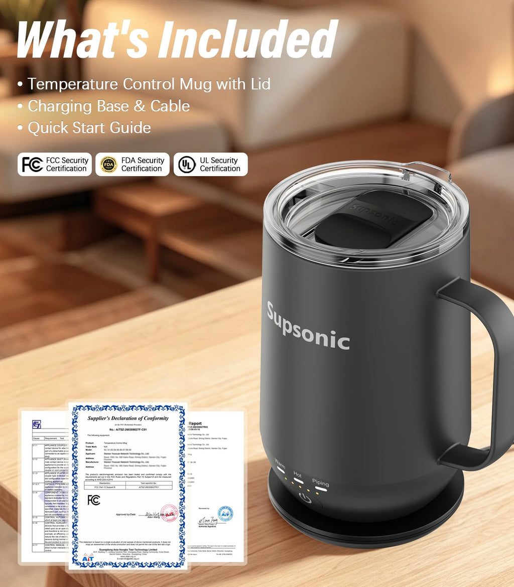 Supsonic - 16oz Self Heating Coffee Mug, Smart Heated Coffee Mug Faster Direct-Contact Heating Up to 149°F, Coffee Mug Warmer Set with Auto Shut-Off - Gifts for Men Women | S2