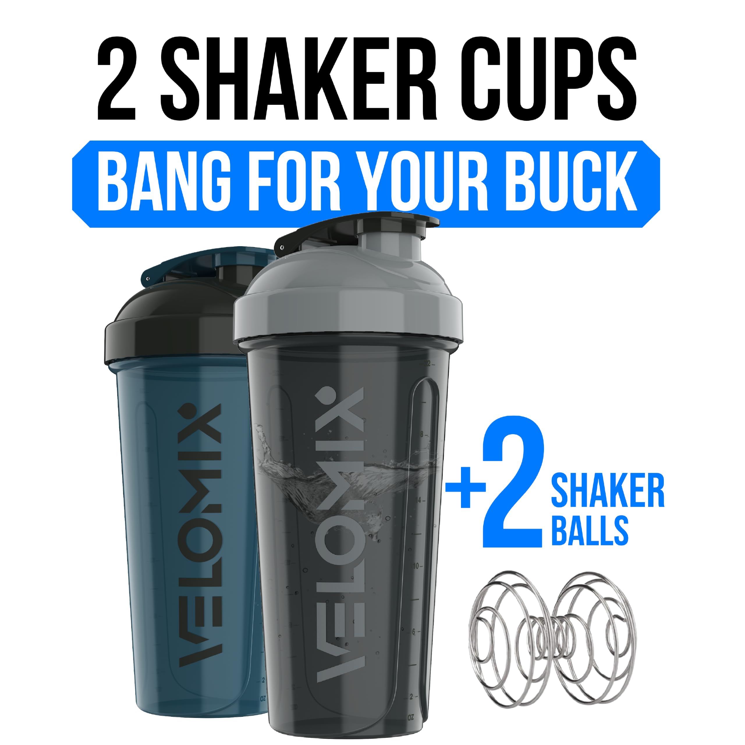 VELOMIX -2 Pack- 28 oz Protein Shaker Bottles for Protein Mixes - 2x Wire Whisk | Leak Proof Shaker Cups for Protein Shakes | Protein Shaker Bottle Pack (Black/Transparent)