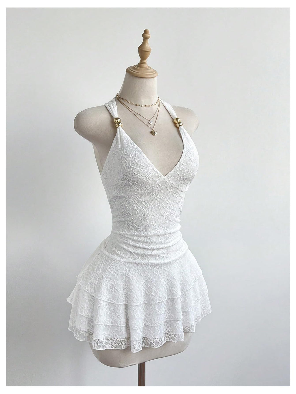 Milumia Women's Lace Halter Mini Dress Beaded Tie Back Layered Ruffle Hem Sexy Going Out Dresses