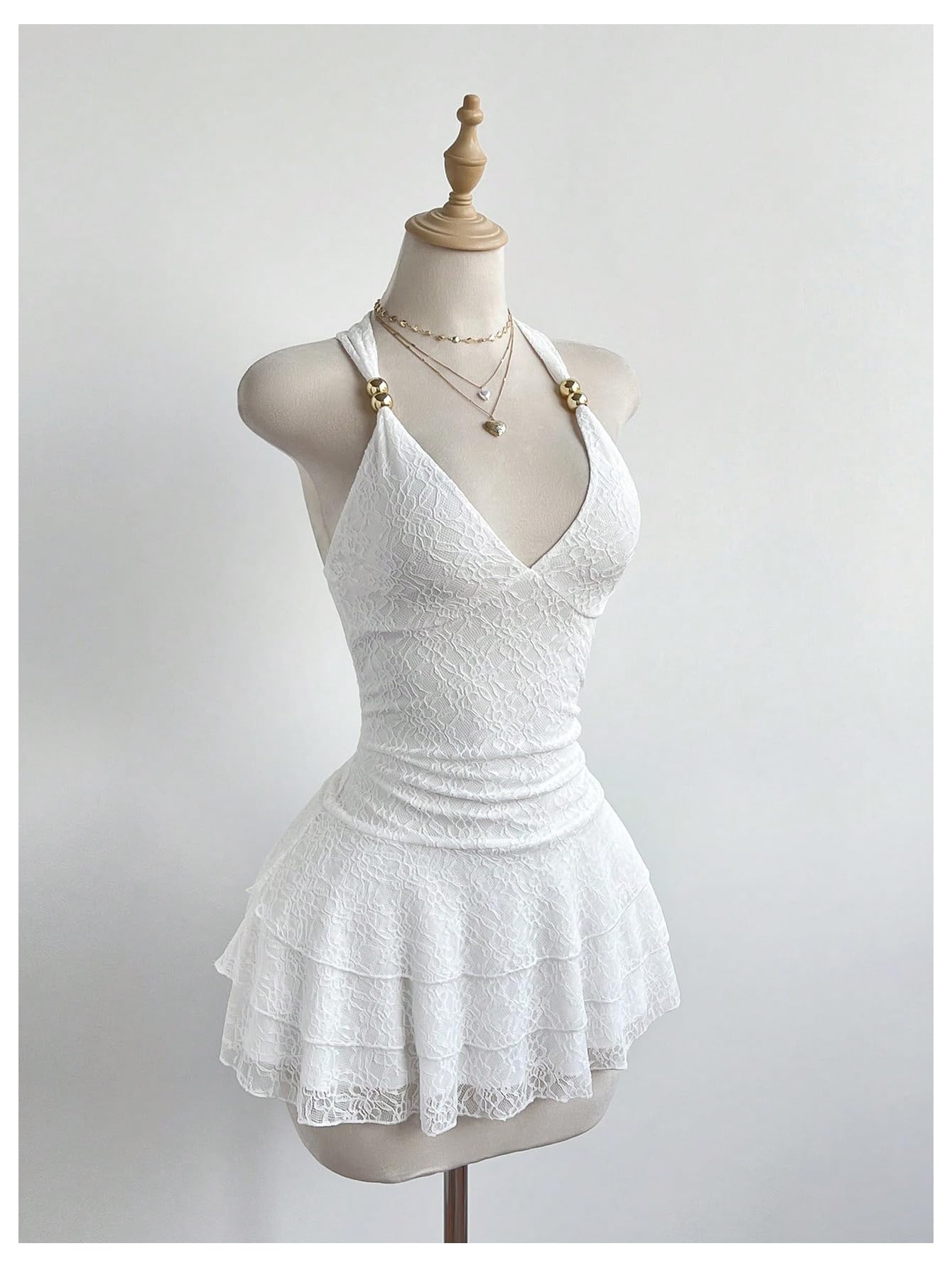 Milumia Women's Lace Halter Mini Dress Beaded Tie Back Layered Ruffle Hem Sexy Going Out Dresses