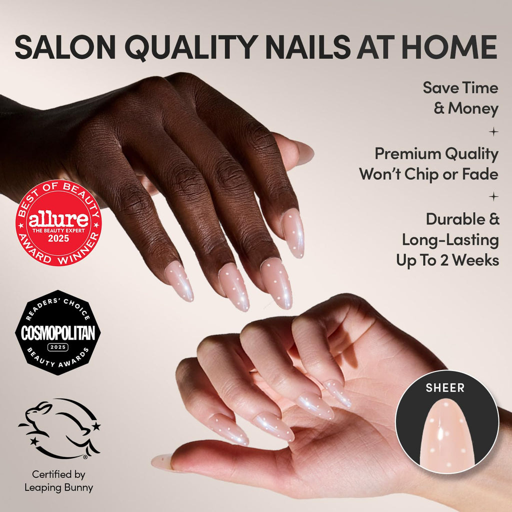 Glamnetic Press On Nails - MaDamn | French Tip UV Finish Short Pointed Almond Fake Nails, Salon Quality Semi-Transparent Nails in 12 Sizes - 24 Nail Kit with Glue