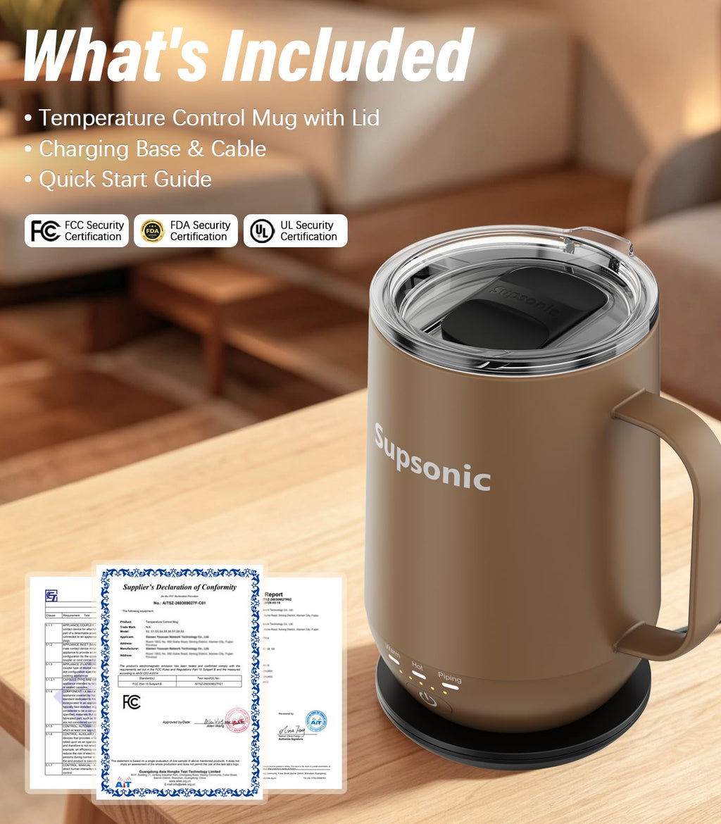 Supsonic - 16oz Self Heating Coffee Mug, Smart Heated Coffee Mug Faster Direct-Contact Heating Up to 149°F, Coffee Mug Warmer Set with Auto Shut-Off - Gifts for Men Women | S2