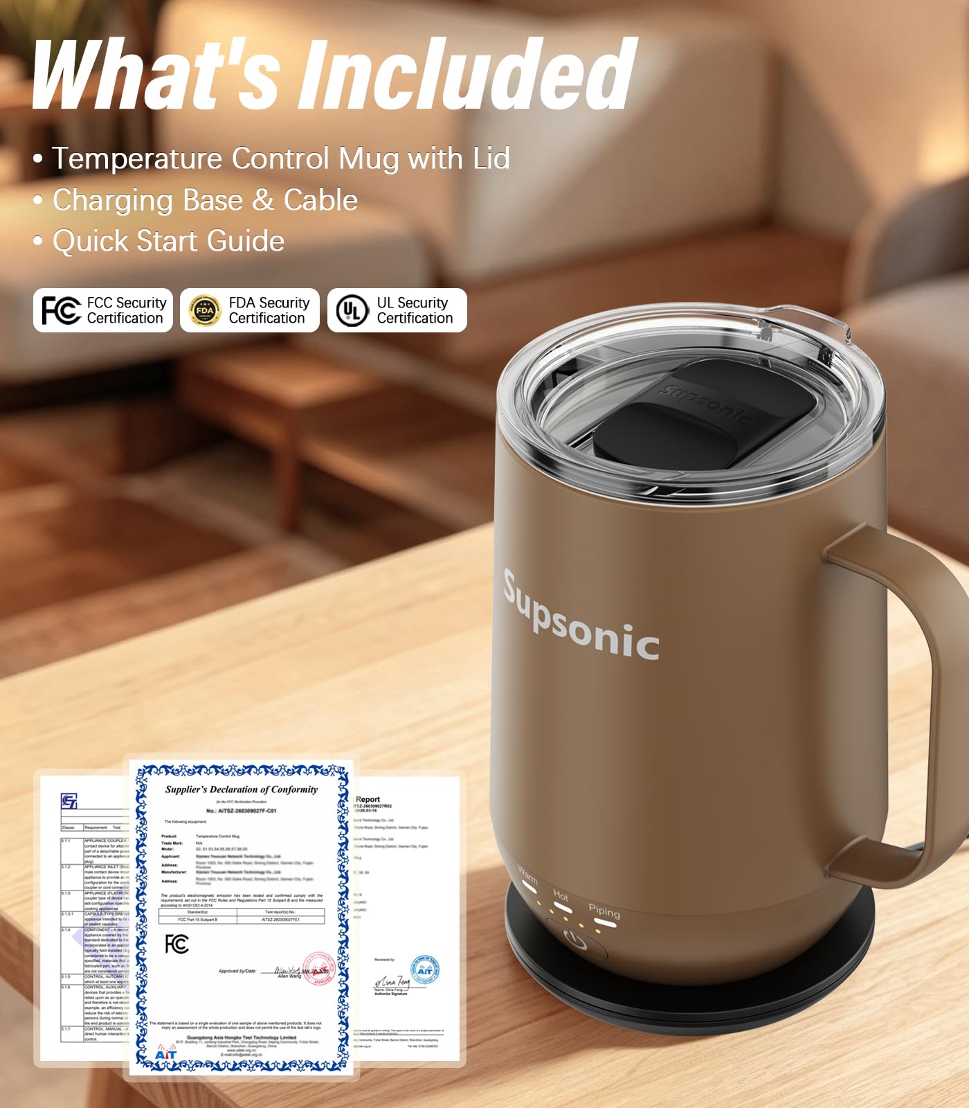 Supsonic - 16oz Self Heating Coffee Mug, Smart Heated Coffee Mug Faster Direct-Contact Heating Up to 149°F, Coffee Mug Warmer Set with Auto Shut-Off - Gifts for Men Women | S2